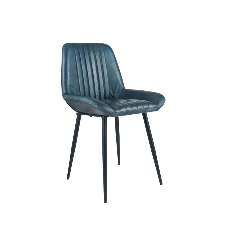 Prussian Blue Leather & Iron Retro Dining Chair