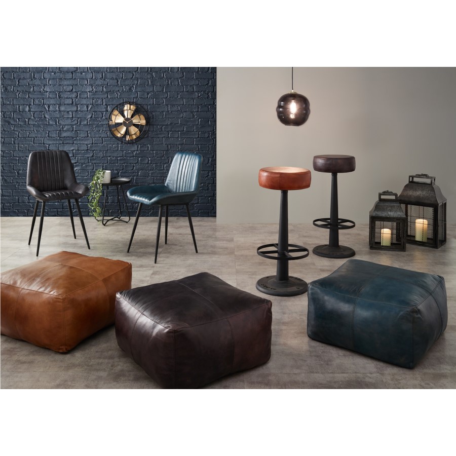 Prussian Blue Leather & Iron Retro Dining Chair