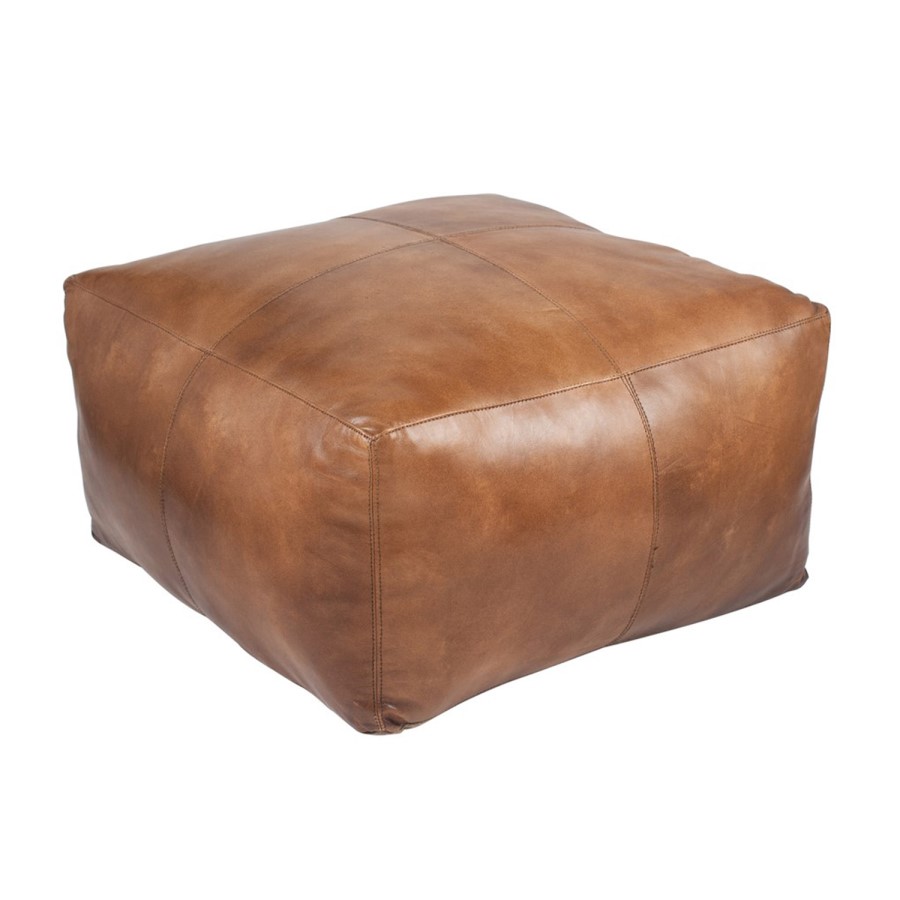 Small Natural Tan Leather Square Pouffe