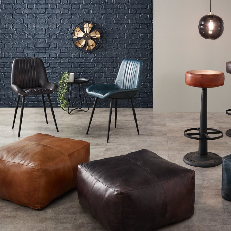 Small Natural Tan Leather Square Pouffe