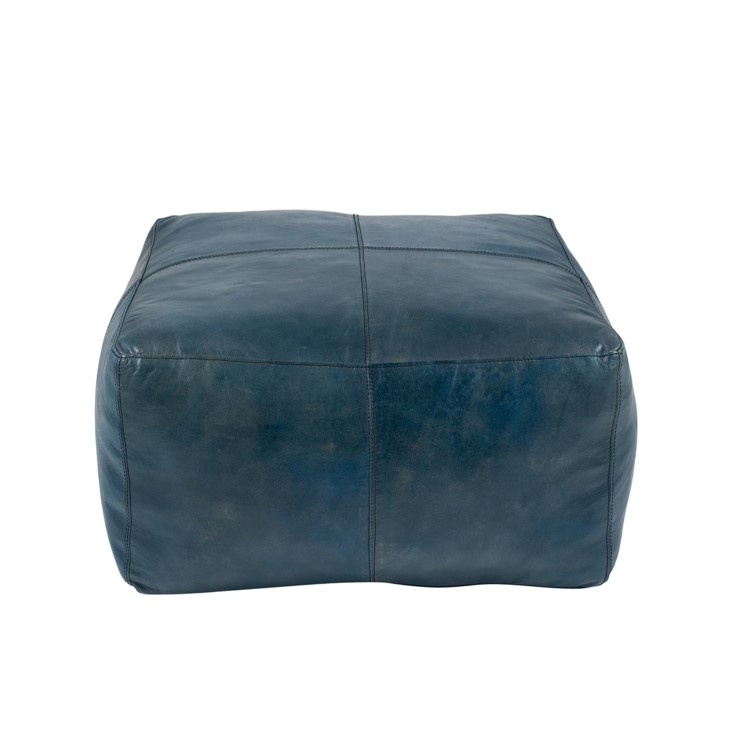 Prussian Blue Leather Square Pouffe