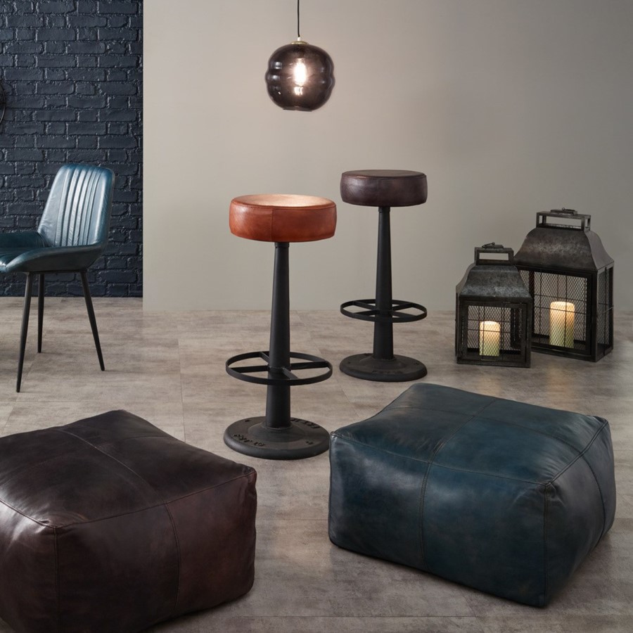 Prussian Blue Leather Square Pouffe