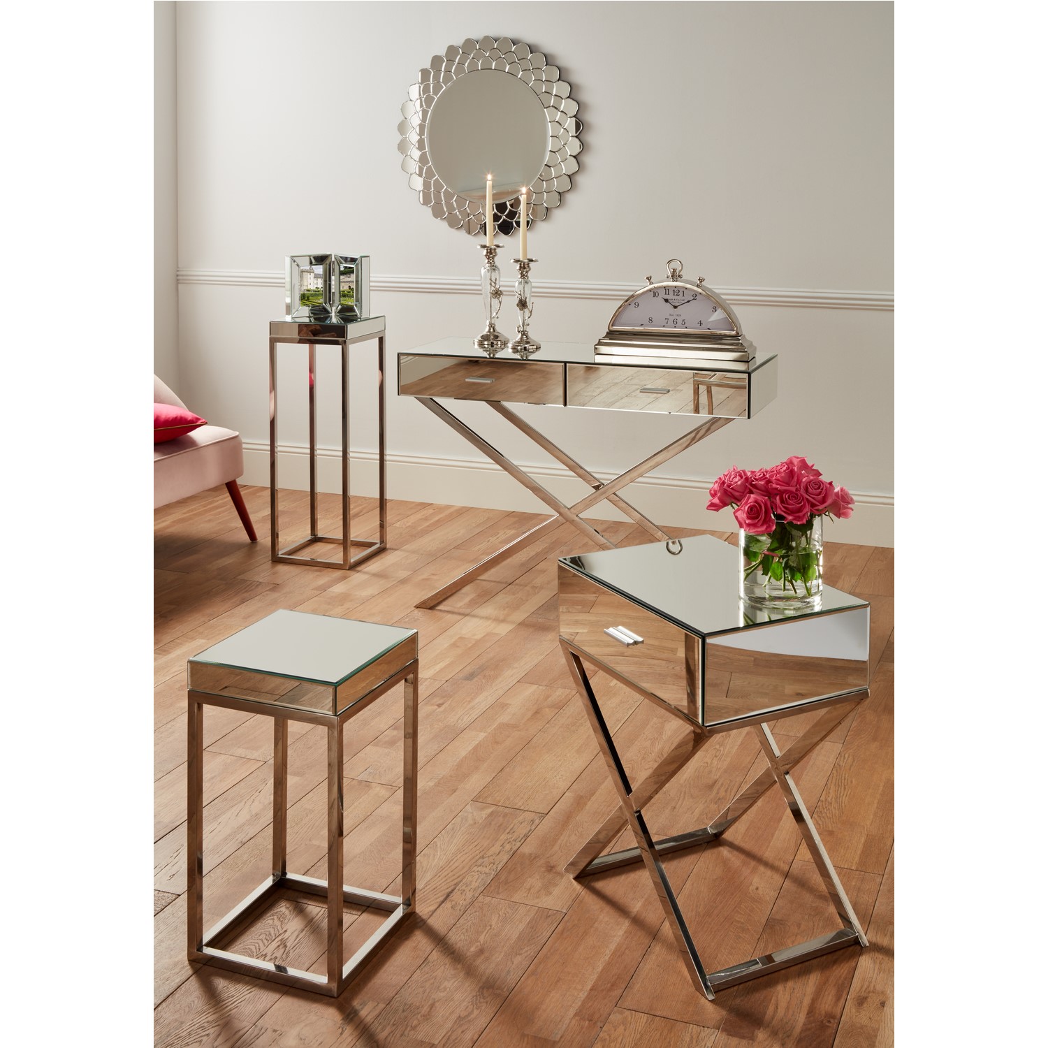 Mirrored Small Side Table In Glass, Mirrored Narrow Side Table