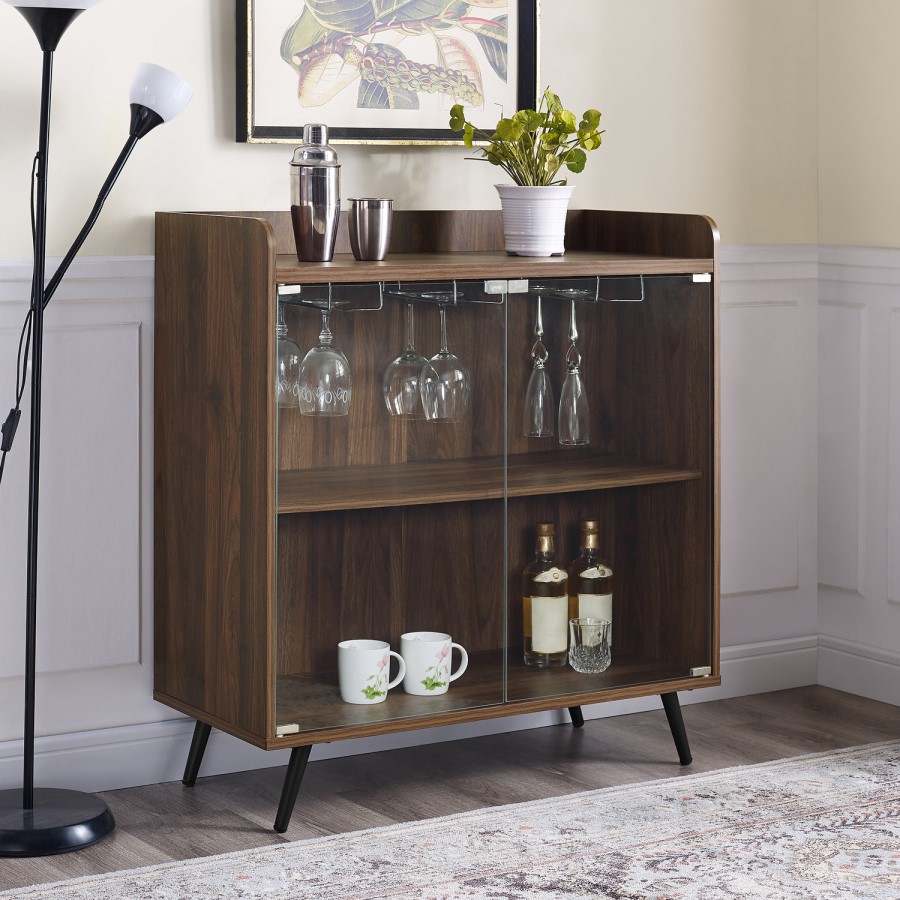 Dark Walnut Drinks Cabinet with Shelves & Stemware Rack 