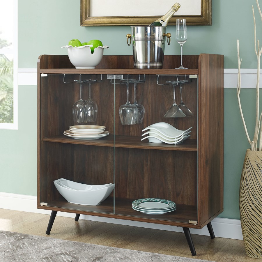Dark Walnut Drinks Cabinet with Shelves & Stemware Rack 