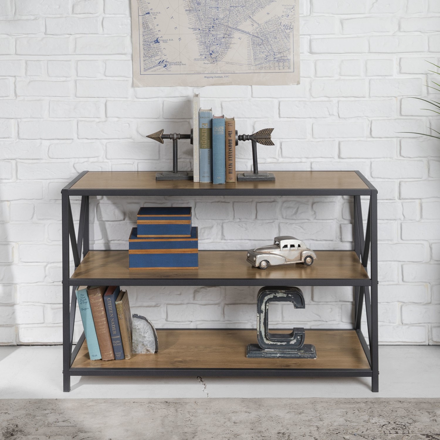 Wood Low Bookcase With Metal Frame, Metal Frame Bookcase With Wood Shelves