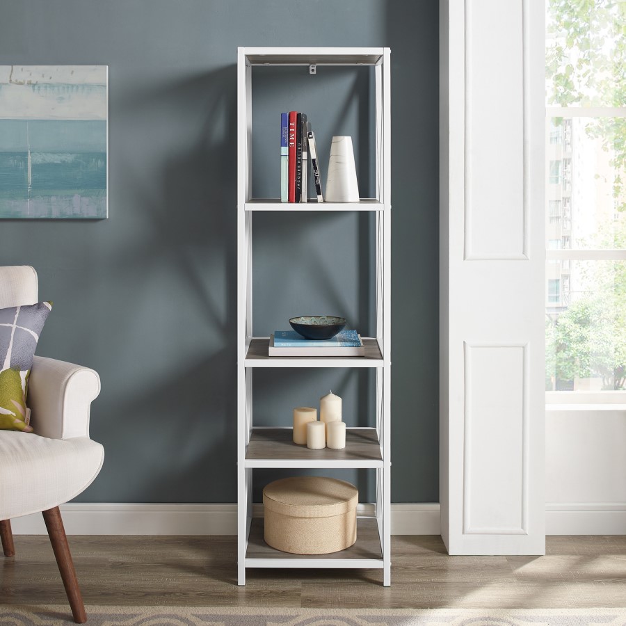 Ladder Bookcase with Wood Shelves & White Frame