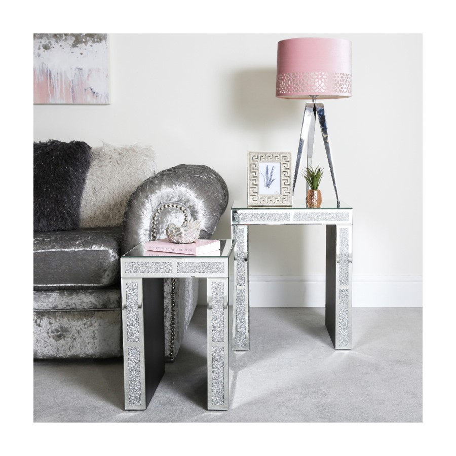Mirrored Nest Of 2 Tables with Clear Crystals - Milano
