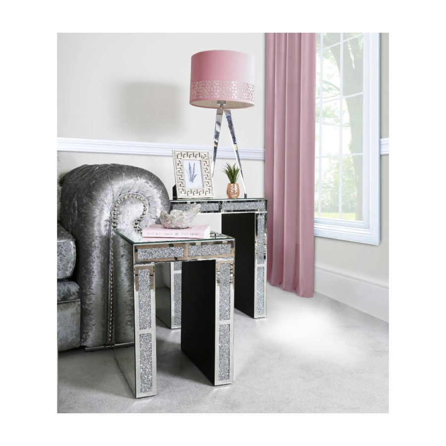 Mirrored Nest Of 2 Tables with Clear Crystals - Milano