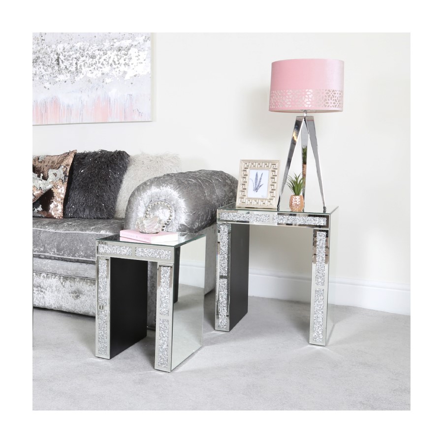 Mirrored Nest Of 2 Tables with Clear Crystals - Milano