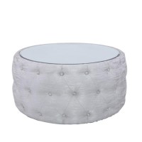 Silver Coffee Table With Mirrored Top & Velvet Tufted Design