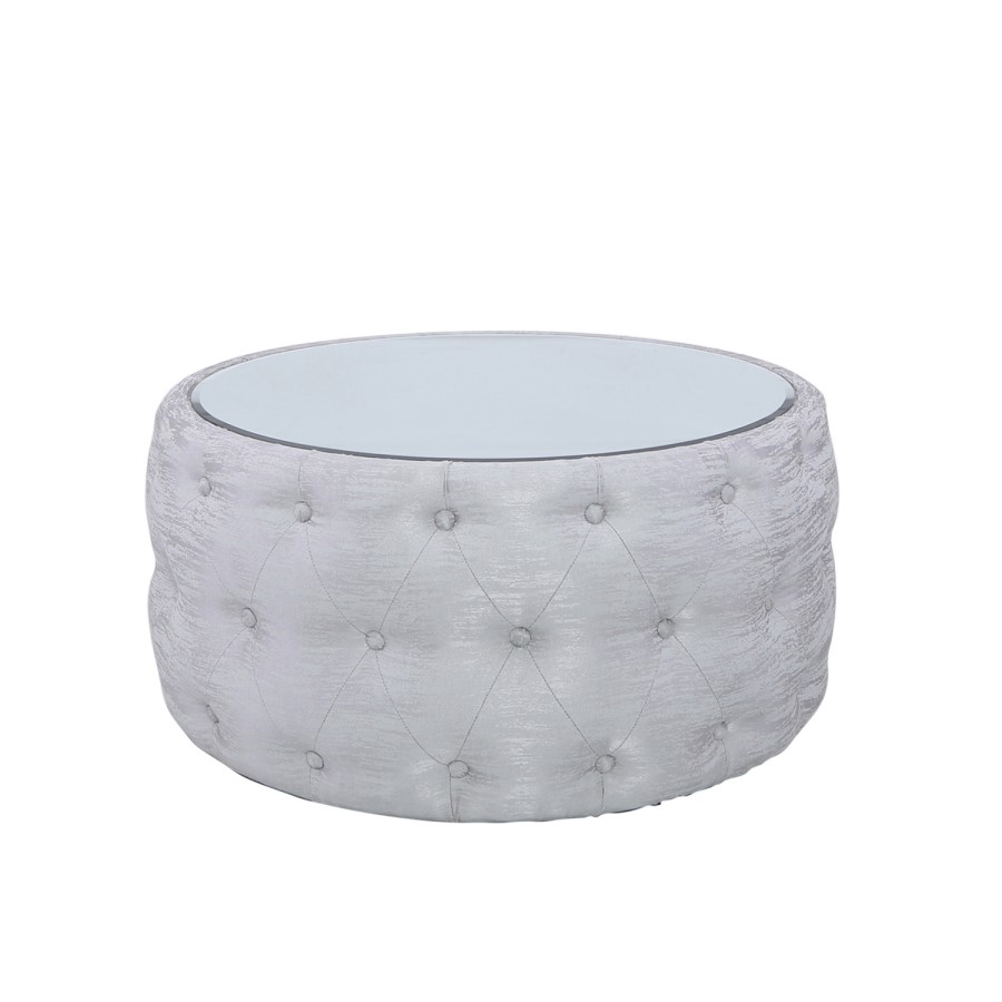 Silver Coffee Table With Mirrored Top & Velvet Tufted Design