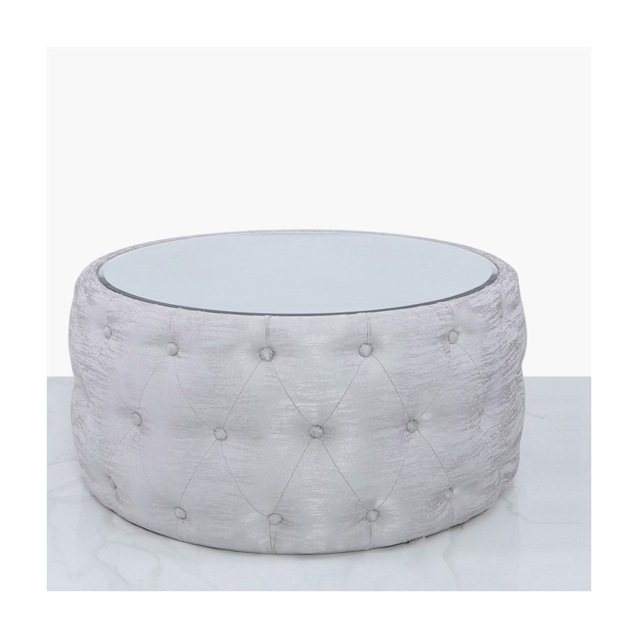 Silver Coffee Table With Mirrored Top & Velvet Tufted Design