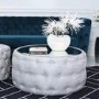 Silver Coffee Table With Mirrored Top & Velvet Tufted Design