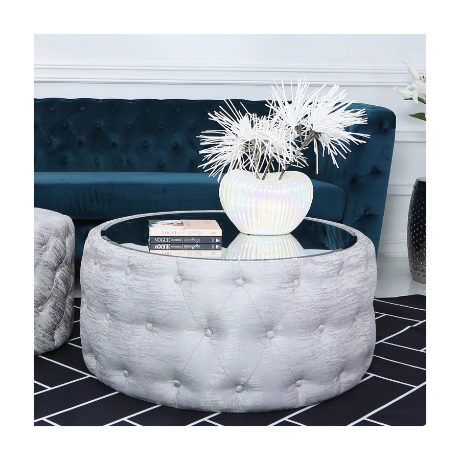 Silver Coffee Table With Mirrored Top & Velvet Tufted Design