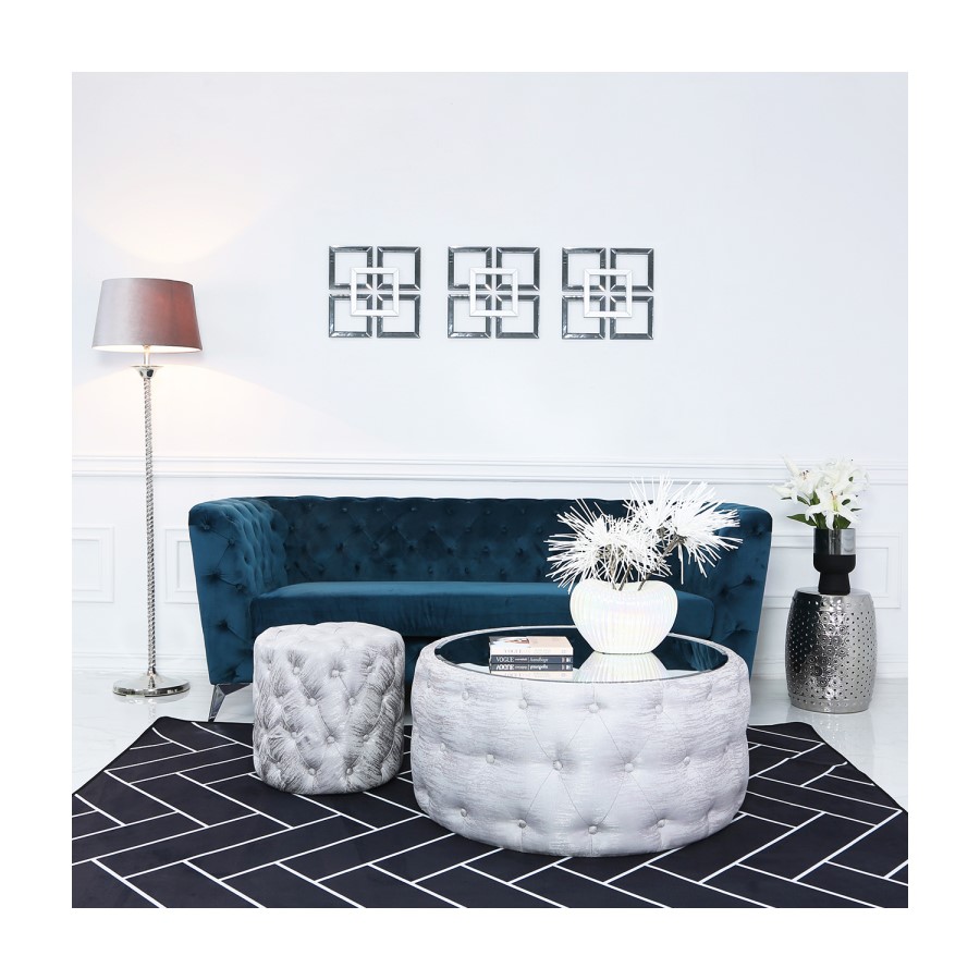 Silver Coffee Table With Mirrored Top & Velvet Tufted Design