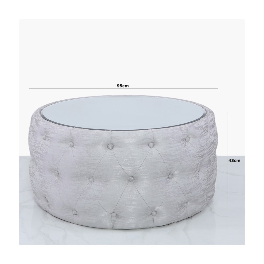 Silver Coffee Table With Mirrored Top & Velvet Tufted Design