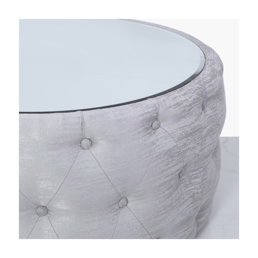 Silver Coffee Table With Mirrored Top & Velvet Tufted Design