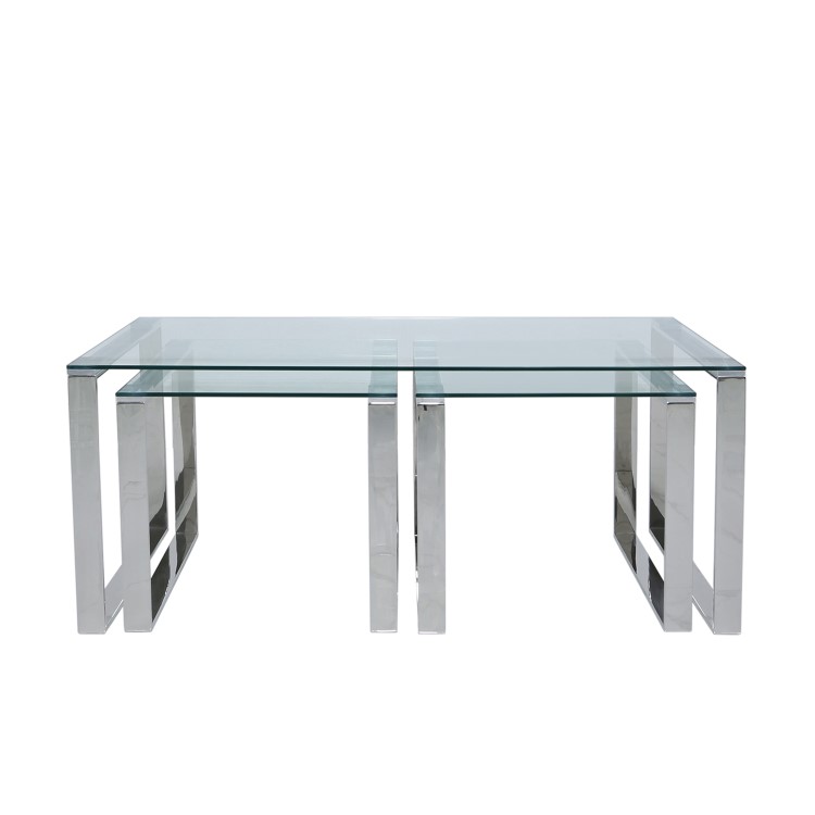 Nest of 3 Tables in Stainless Steel with Glass Top