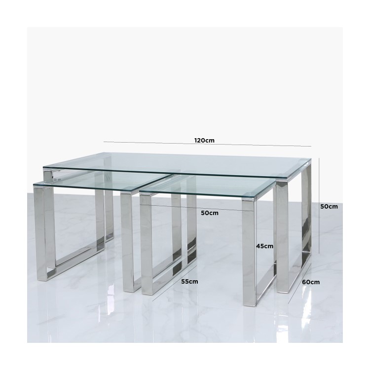 Nest of 3 Tables in Stainless Steel with Glass Top