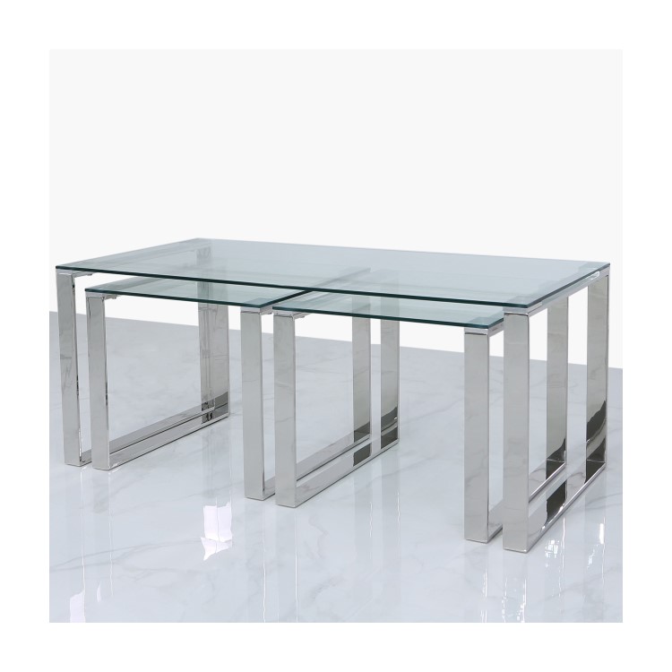 Nest of 3 Tables in Stainless Steel with Glass Top