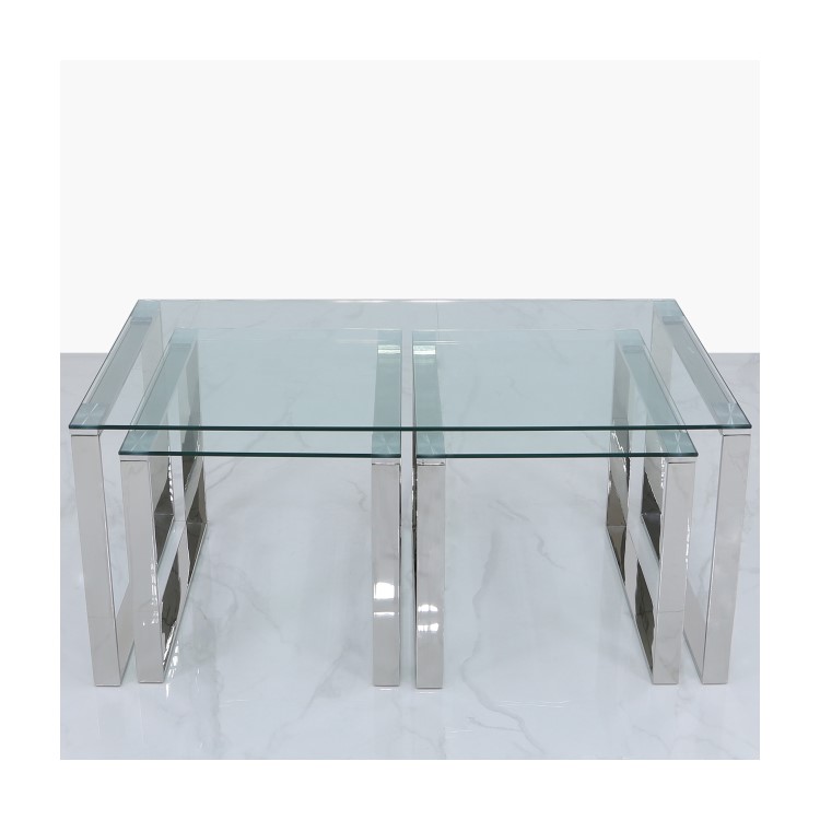 Nest of 3 Tables in Stainless Steel with Glass Top