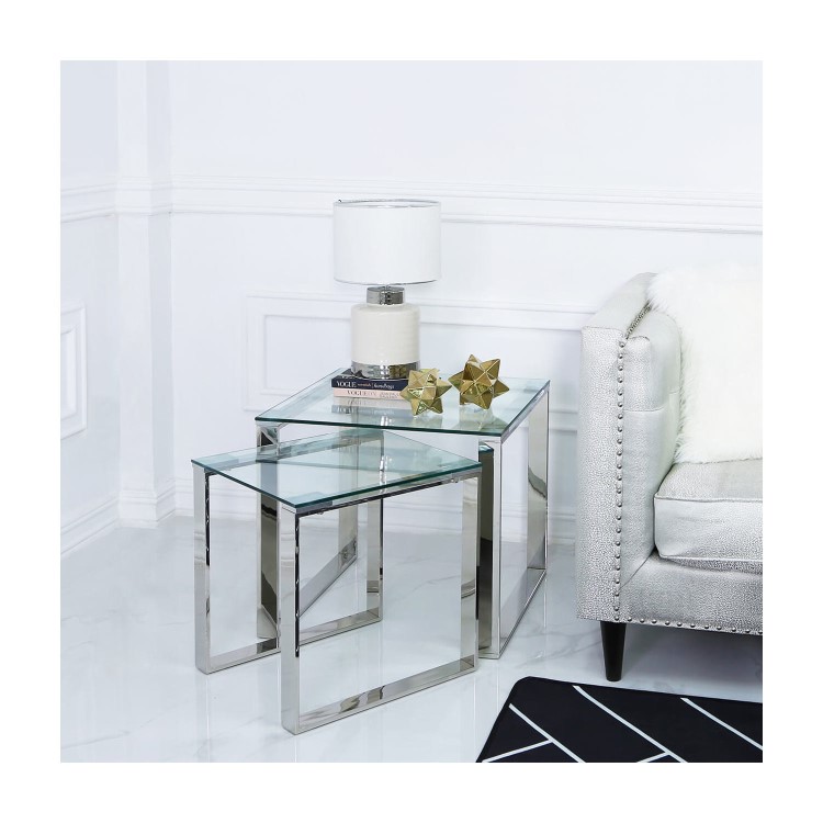 Nest of 2 Tables in Stainless Steel with Glass Top