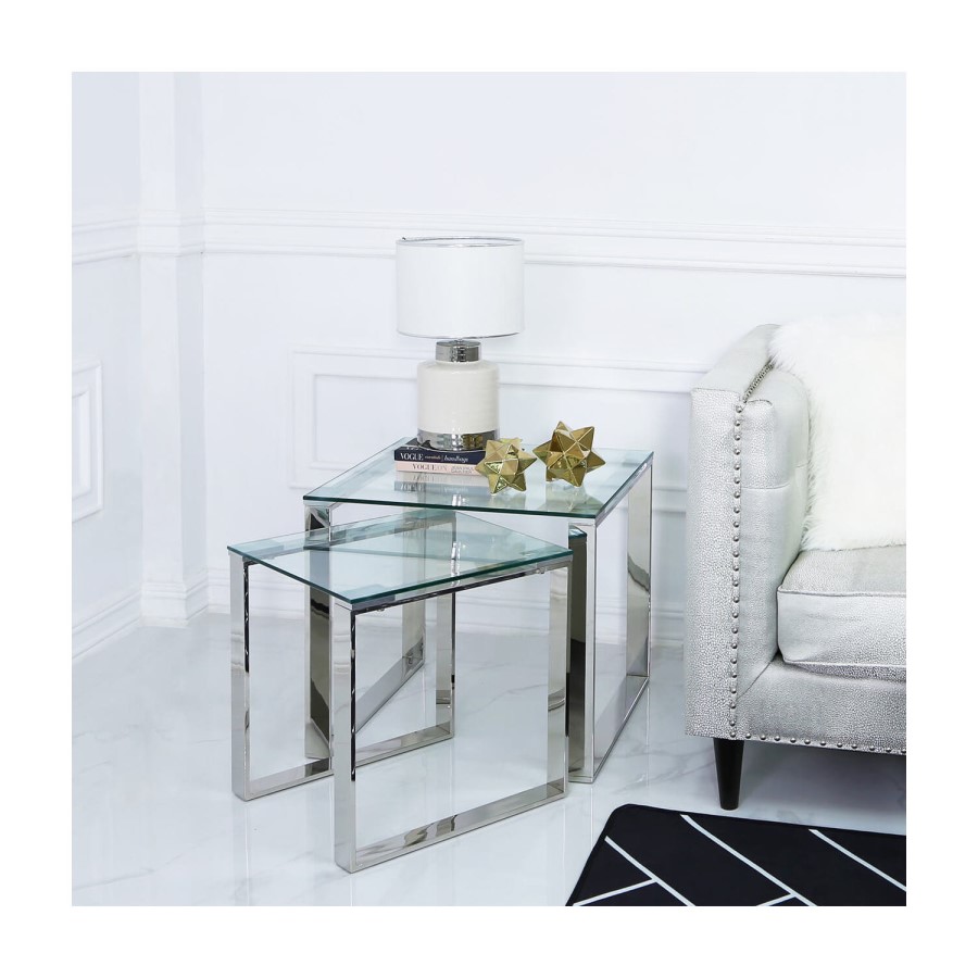 Nest of 2 Tables in Stainless Steel with Glass Top