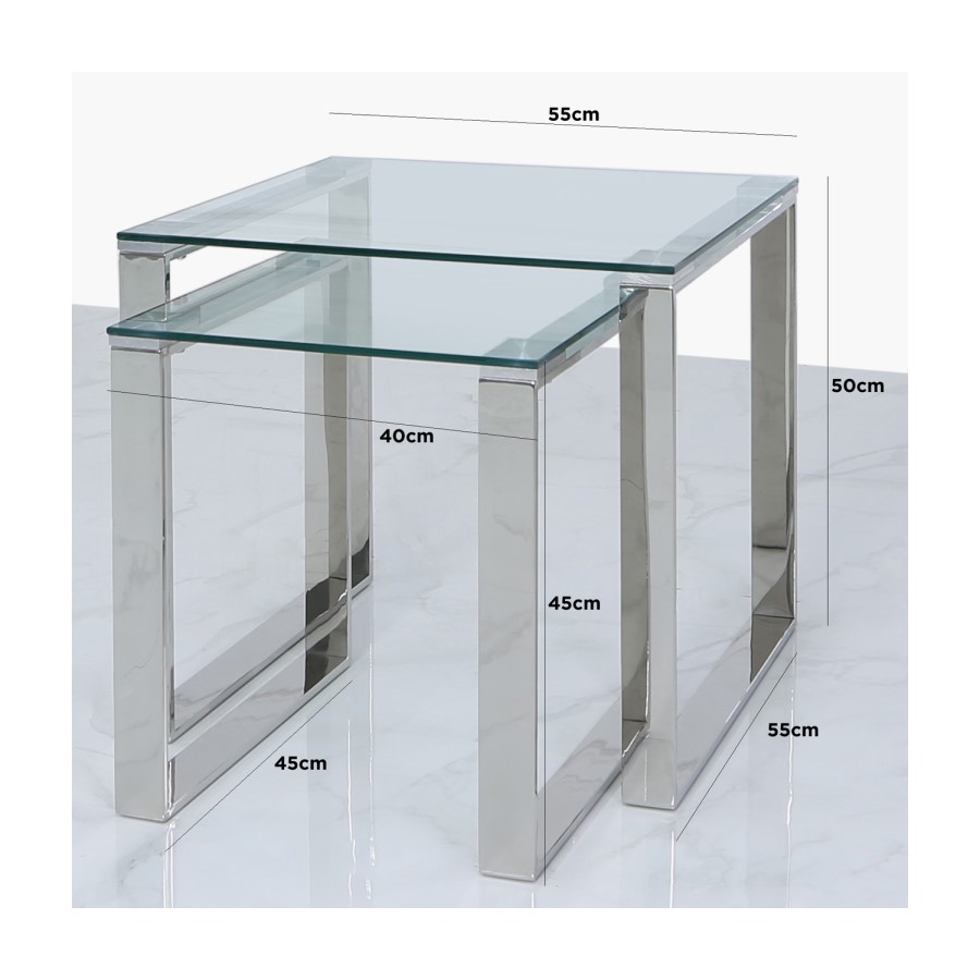 Nest of 2 Tables in Stainless Steel with Glass Top