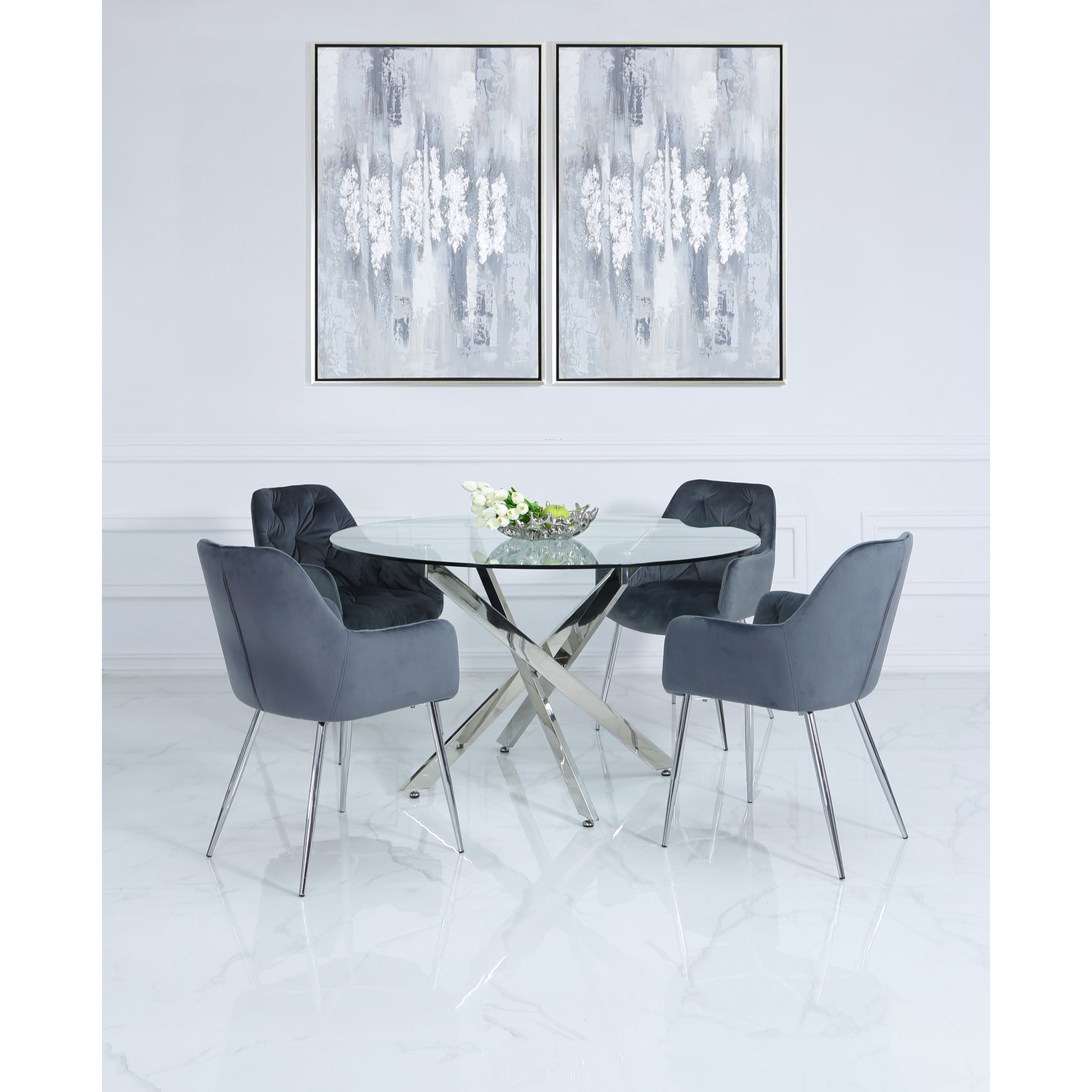 130cm Chrome Glass Round Dining Set, Round Dining Table And 4 Chairs Set