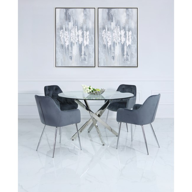 130cm Chrome & Glass Round Dining Set with 4 Grey Chairs