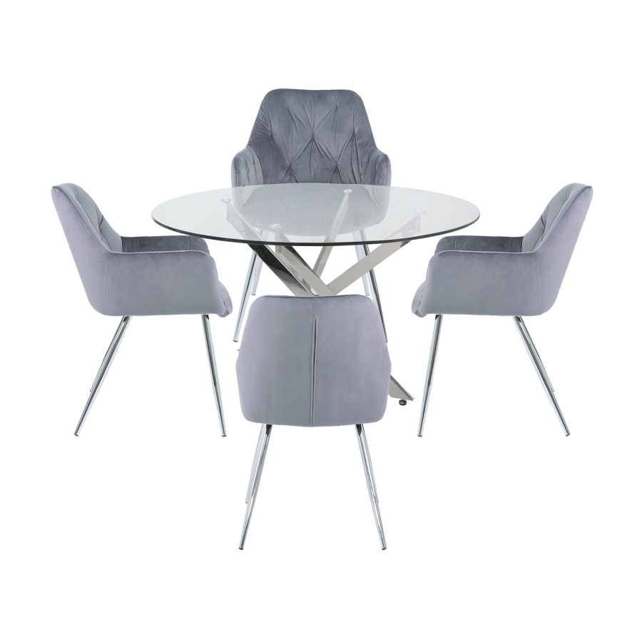 130cm Chrome & Glass Round Dining Set with 4 Grey Chairs