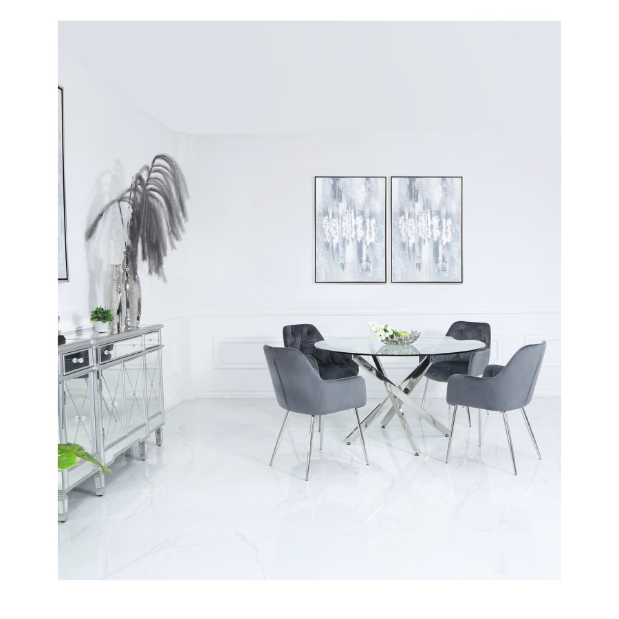 130cm Chrome & Glass Round Dining Set with 4 Grey Chairs