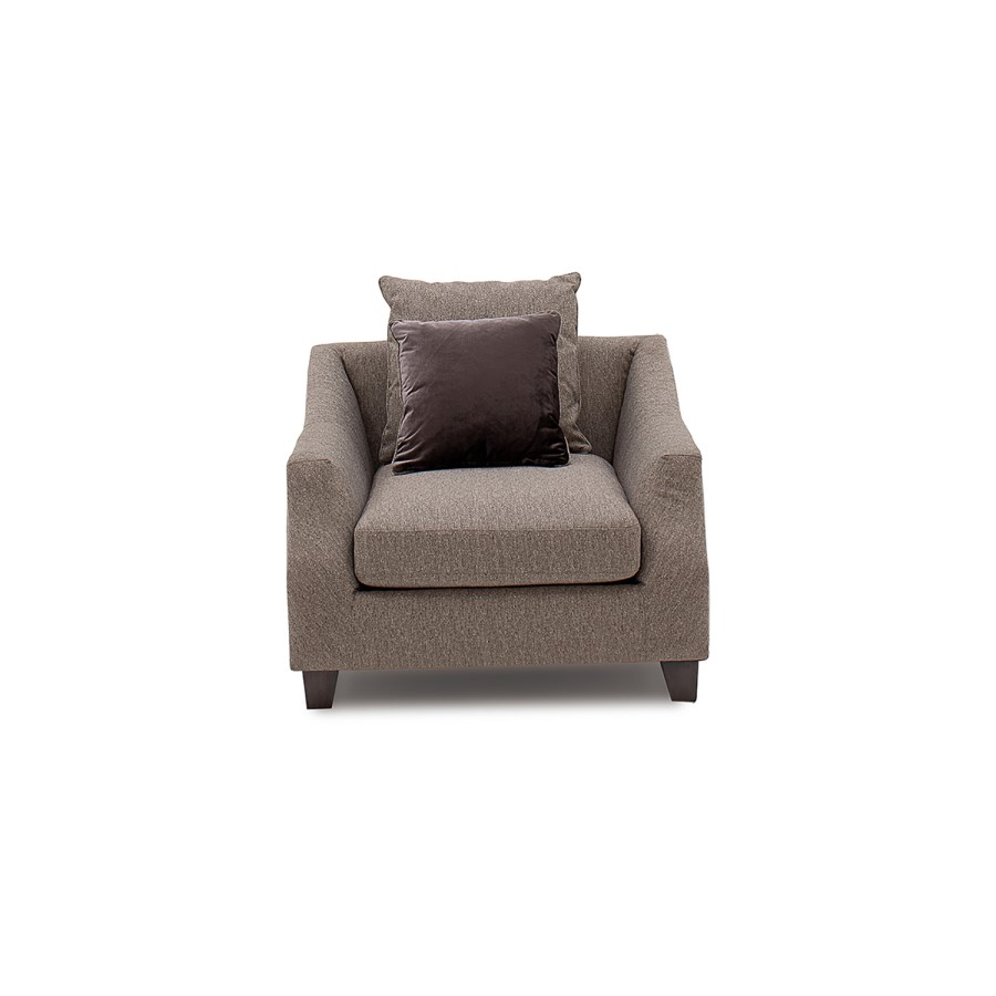 Arden Grey Fabric Armchair with Studded Arms & Cushions