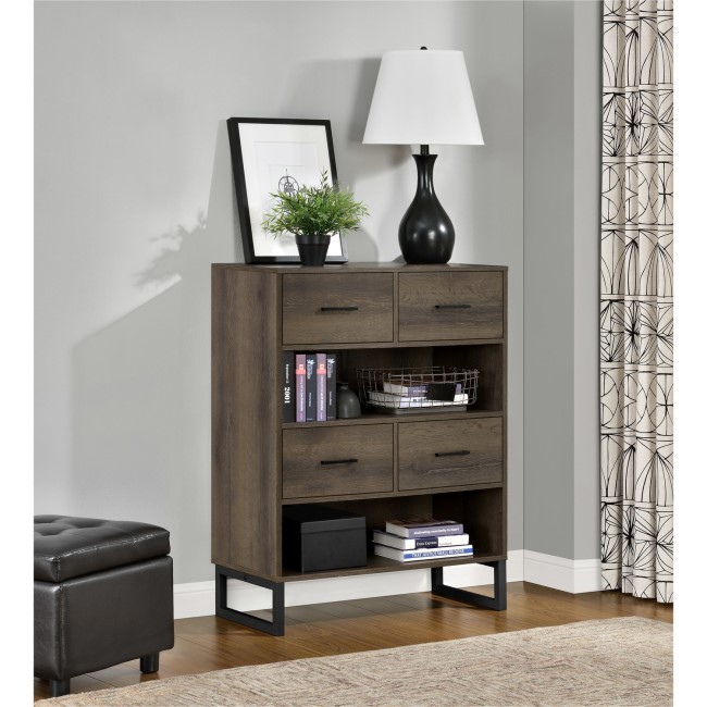 Brown Bookcase with Black Metal Legs & 4 Drawers - Candon