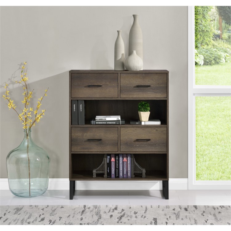 GRADE A2 - Brown Bookcase with Black Metal Legs & 4 Drawers - Candon