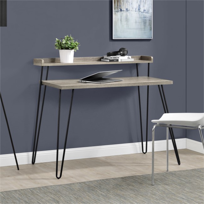 Haven Distressed Grey Oak Desk with Riser & Hairpin Legs