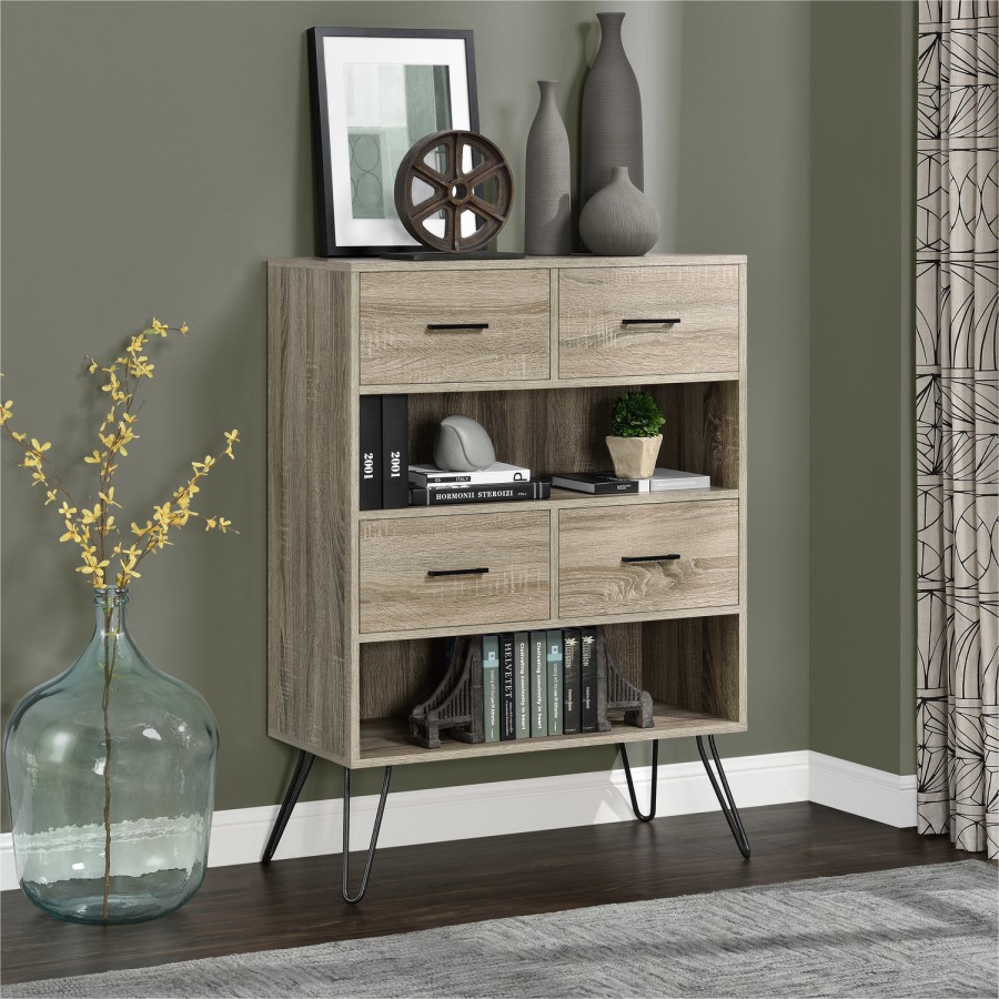 Landon Bookcase in Distressed Brown Oak with Metal Legs