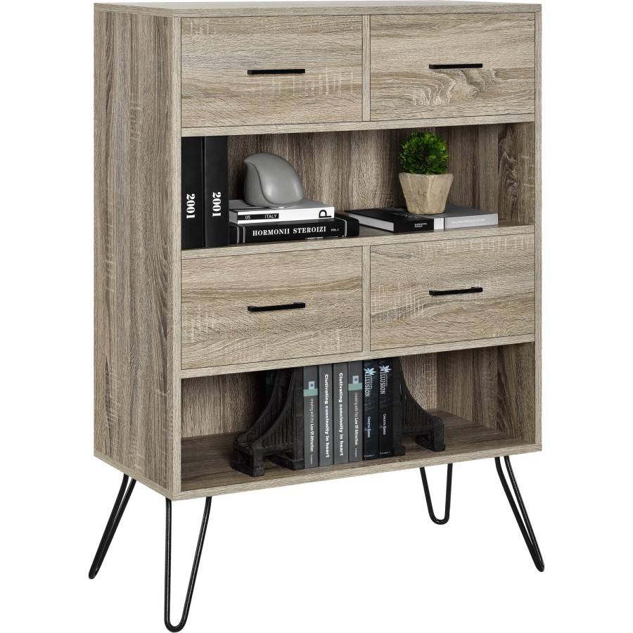 Landon Bookcase in Distressed Brown Oak with Metal Legs