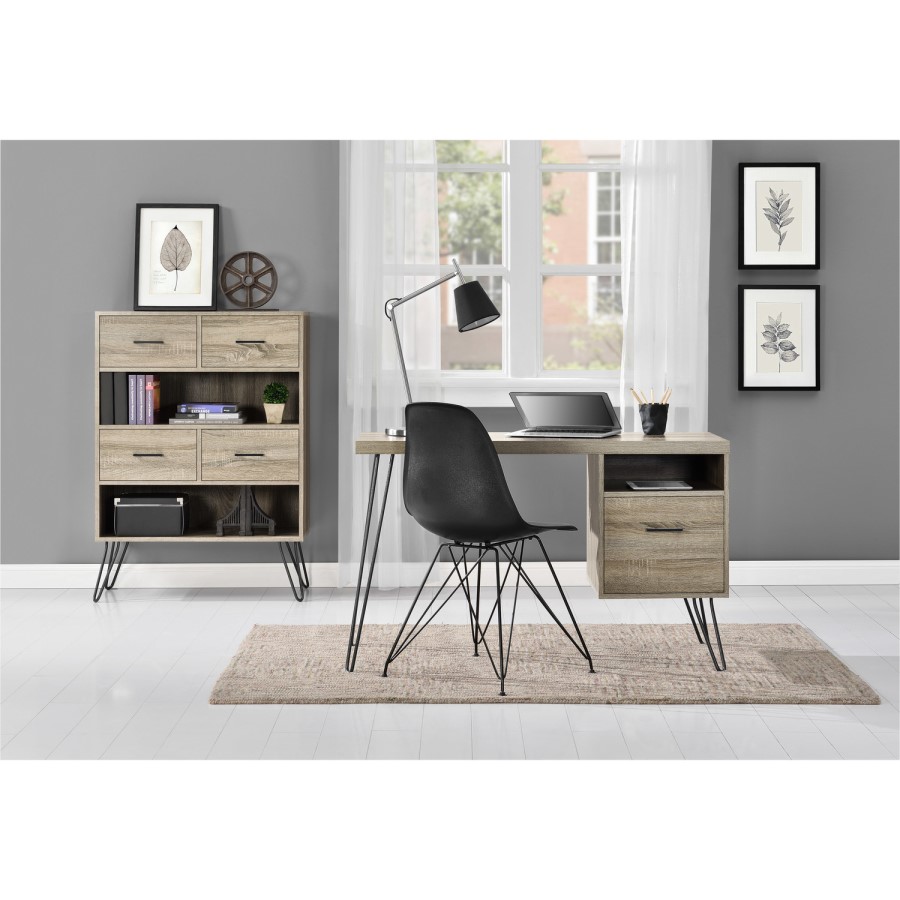Landon Bookcase in Distressed Brown Oak with Metal Legs