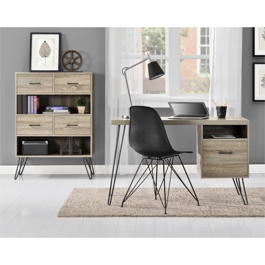 Landon Bookcase in Distressed Brown Oak with Metal Legs