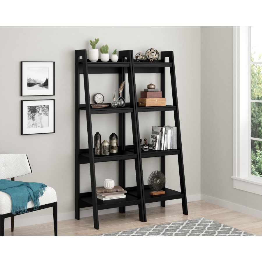 Lawrence Ladder Bookcase in Black with 4 Shelves - Set of 2