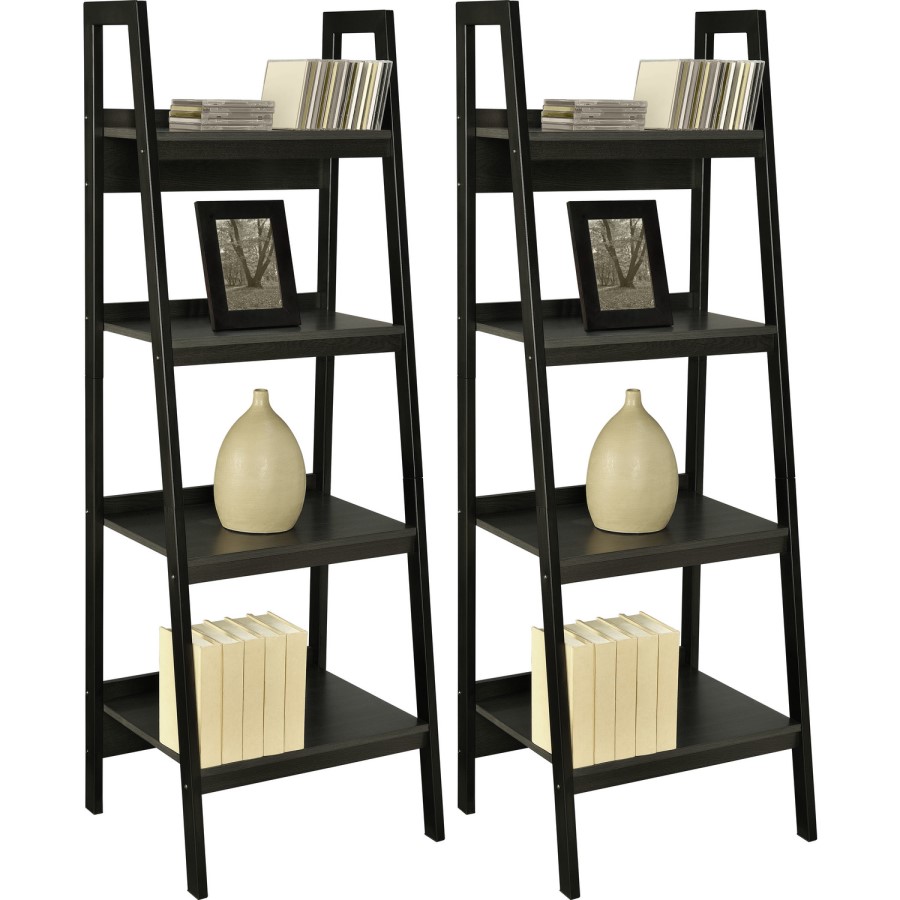 Lawrence Ladder Bookcase in Black with 4 Shelves - Set of 2