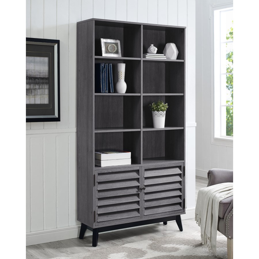 Grey Oak Bookcase with Open & Closed Storage - Vaughn