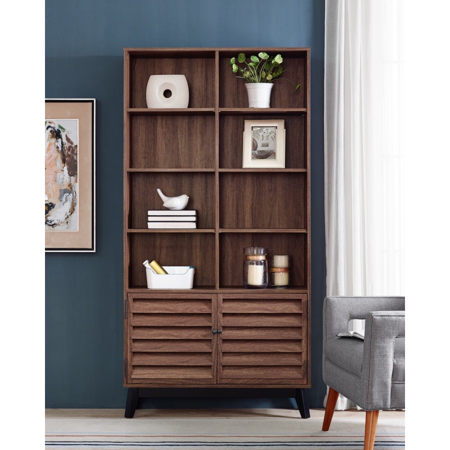 Walnut Bookcase with Open and Closed Storage Space - Vaughn