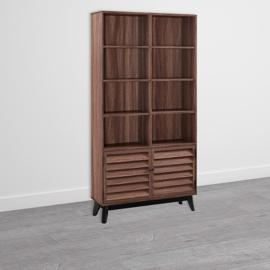 Walnut Bookcase with Open and Closed Storage Space - Vaughn