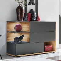 Grey Display Cabinet with Glass Shelves & LED Lighting - Neo
