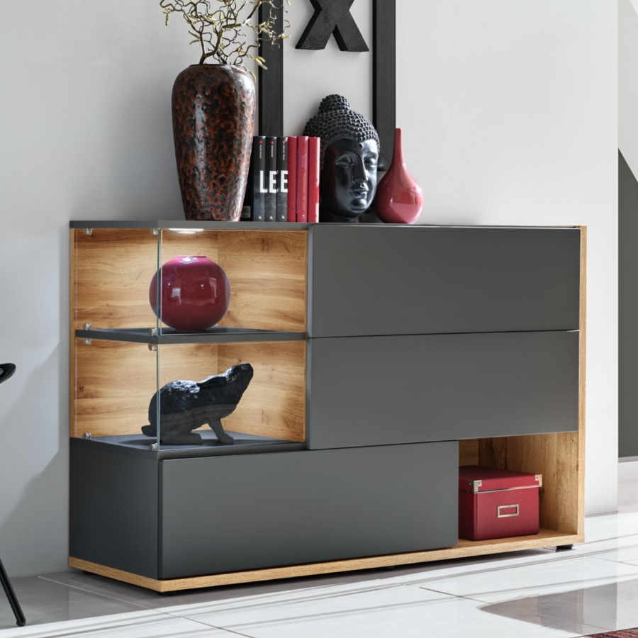Grey Display Cabinet with Glass Shelves & LED Lighting - Neo