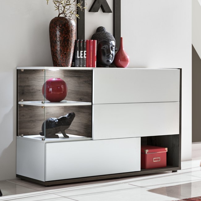 White Display Cabinet with Glass Shelves & LED Lighting - Neo