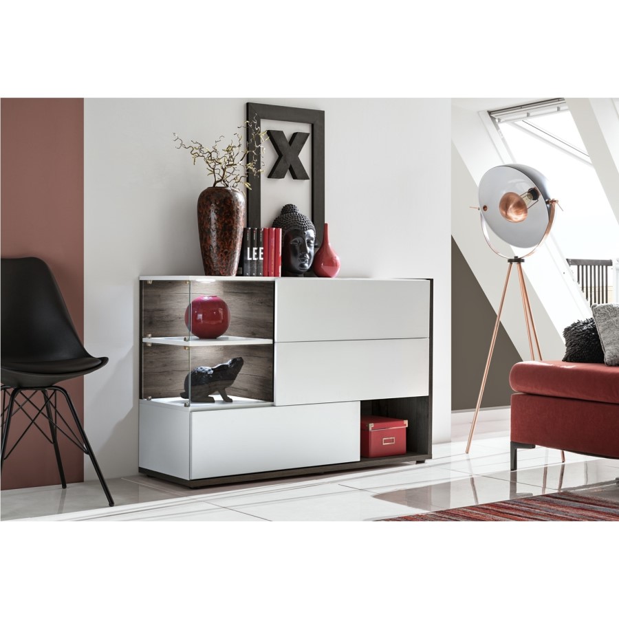 White Display Cabinet with Glass Shelves & LED Lighting - Neo
